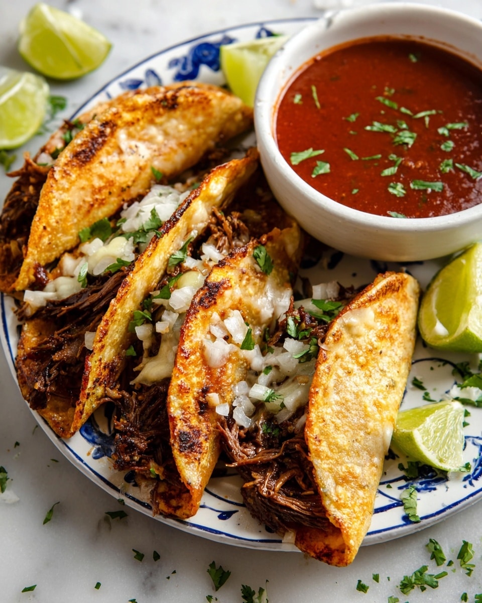 Three folded golden-brown tortillas with a slightly crispy texture are arranged overlapping on a white plate with blue patterns. Each tortilla has a filling of dark, shredded meat, with small white onion pieces and green cilantro sprinkled on top. A white bowl with reddish-brown sauce garnished with green cilantro sits next to the tortillas, along with lime wedges placed on the plate. The plate rests on a white marbled surface, with bits of cilantro scattered around. Photo taken with an iphone --ar 4:5 --v 7