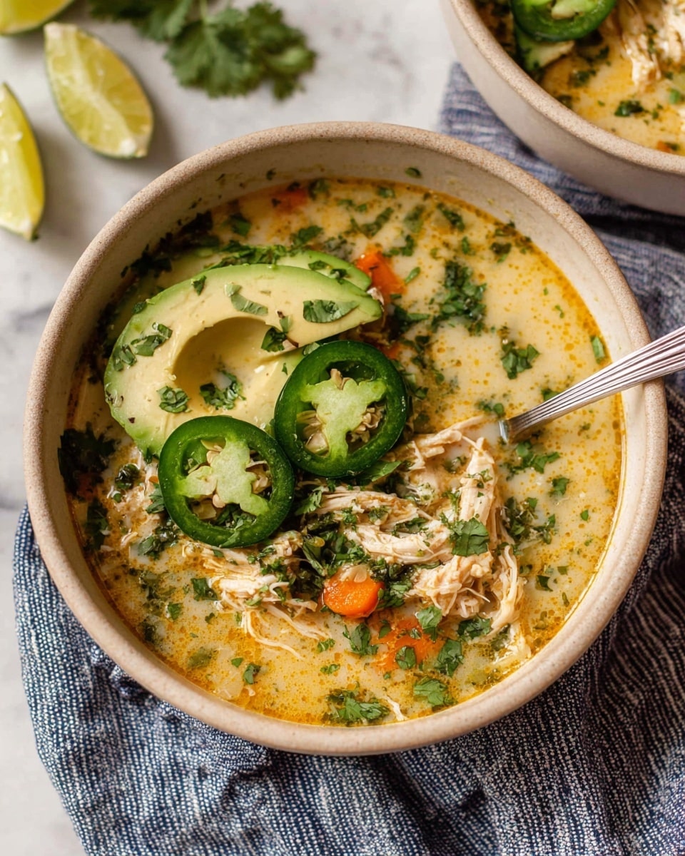 A bowl filled with a light yellow broth soup showing shredded pieces of cooked chicken and chopped green herbs floating throughout. On top, there are three round slices of bright green jalapeño peppers on the left and three slices of light green avocado fan-shaped on the right sprinkled with small herb pieces and black pepper. A silver spoon is placed inside the bowl, resting on the right side. The bowl is set on a white marbled surface, next to a cut lime and a blue and white striped cloth. Another bowl with the same soup is partly visible in the top right corner. Photo taken with an iphone --ar 4:5 --v 7