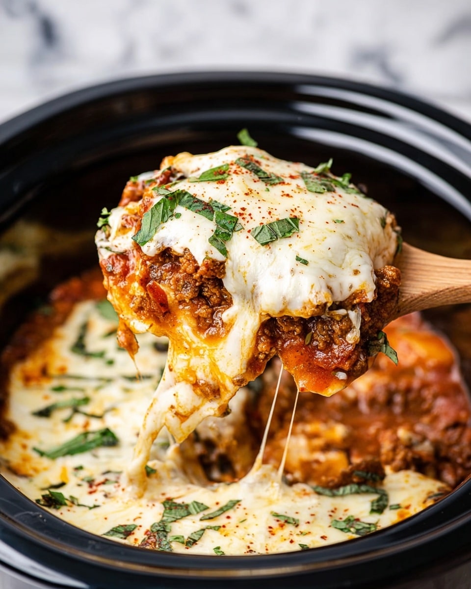 In a black slow cooker, there is a layered dish with a base layer of brown cooked meat mixed with red tomato bits, topped with a thick, melted white cheese layer sprinkled with green chopped herbs and red spices. A wooden spoon lifts a portion showing the brown and red base under the creamy melted cheese, with small green leaves on top. The cooker rests on a white marbled surface. Photo taken with an iphone --ar 4:5 --v 7