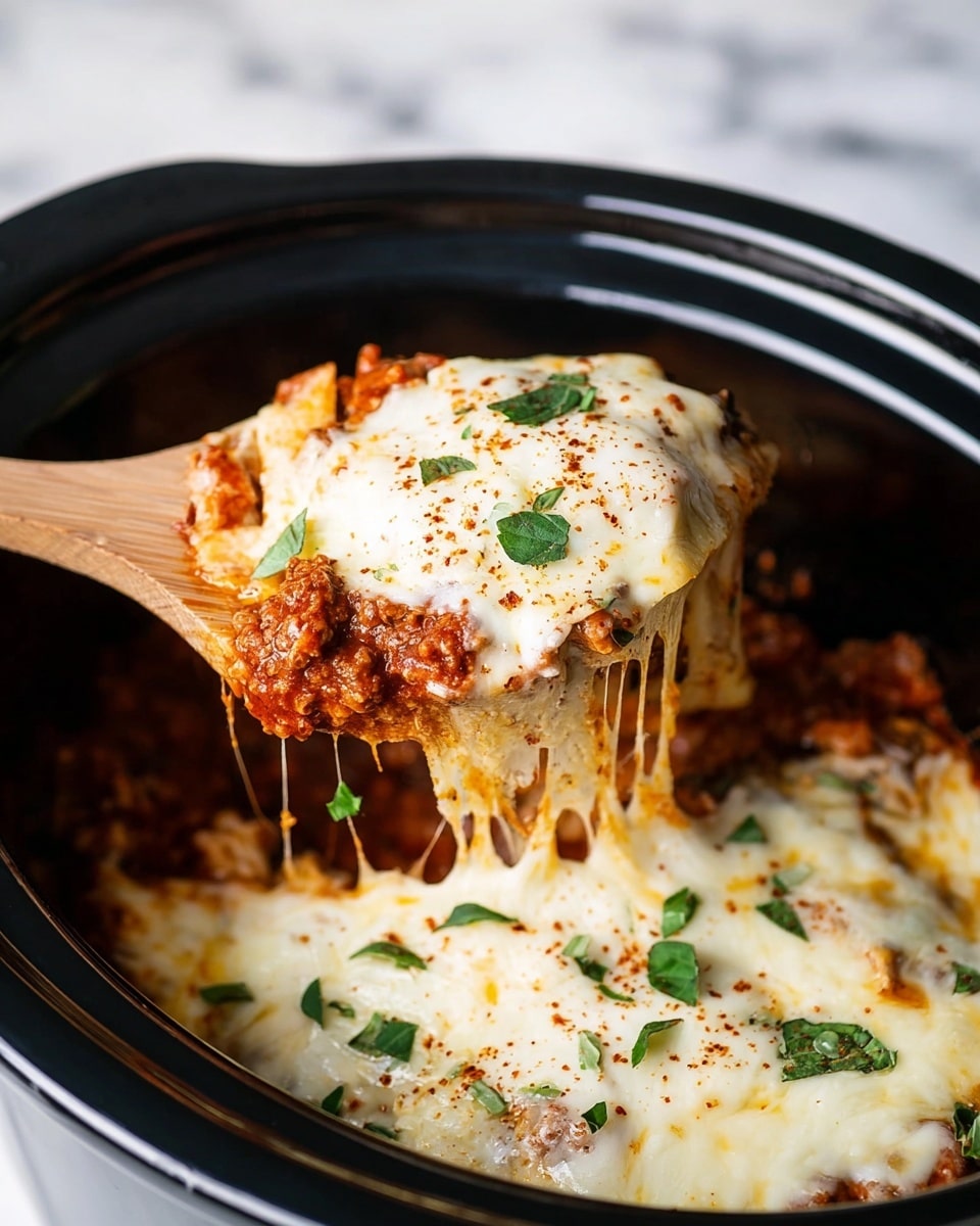 A close-up of a black slow cooker filled with layered baked pasta. The bottom layer is a rich red tomato meat sauce with visible chunks of ground meat. Above it is a layer of soft, pale pasta sheets. The top layer is a thick blanket of melted white cheese, creamy and slightly browned in spots, sprinkled with chopped green herbs and red pepper flakes. A wooden spoon lifts a serving, showing gooey strings of melted cheese stretching between the spoon and the slow cooker. The background is a white marbled texture. photo taken with an iphone --ar 4:5 --v 7