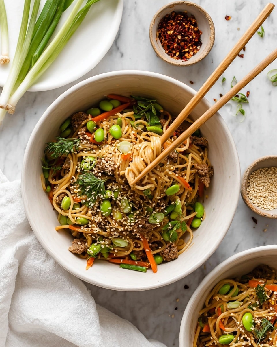 The image shows two white bowls filled with a colorful noodle dish placed on a white marbled surface. Each bowl holds thin light beige noodles mixed with small brown meat pieces, thin orange carrot strips, bright green edamame beans, and fresh green sliced scallions scattered generously on top. There are also hints of light green cilantro leaves and white sesame seeds sprinkled throughout the dish, adding texture and color contrast. In the main bowl, a pair of wooden chopsticks is held by a woman's hand, gently lifting some noodles. Around the bowls, there are small dishes with more green scallions, sesame seeds, and red chili flakes. A white cloth napkin is softly placed beside the bowls. The overall look is fresh, vibrant, and inviting. photo taken with an iphone --ar 4:5 --v 7