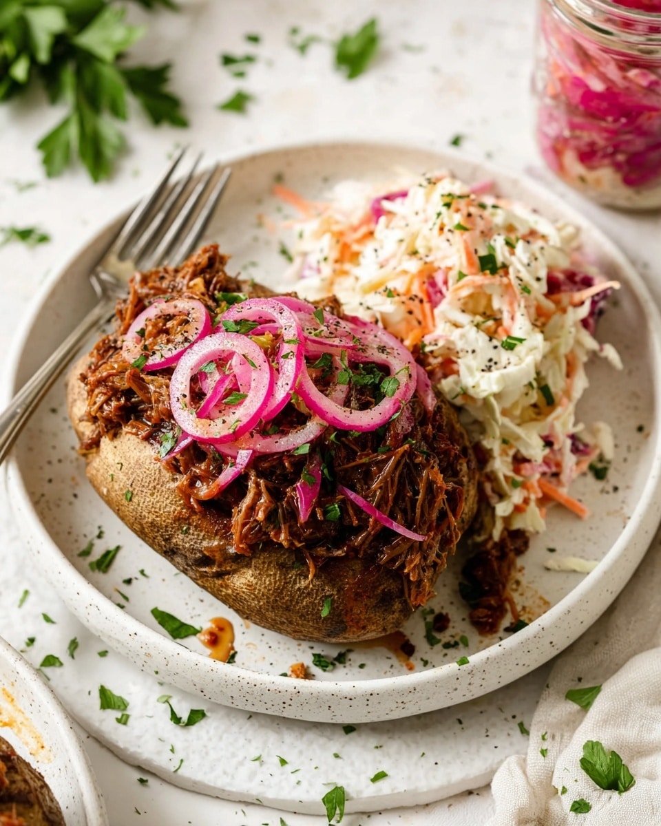 A baked potato with a rough brown skin sits on a white plate, opened in the middle. The first layer inside is soft, white mashed potatoes filling the potato. On top of the mash, there is a layer of shredded dark brown meat with a sauce. The top layer is creamy coleslaw with white, orange, and some bits of purple cabbage, sprinkled with black pepper. The plate rests on a white marbled surface, and a fork is placed on the right side of the plate. In the background, there is a blurry jar with a pink liquid. Photo taken with an iphone --ar 4:5 --v 7