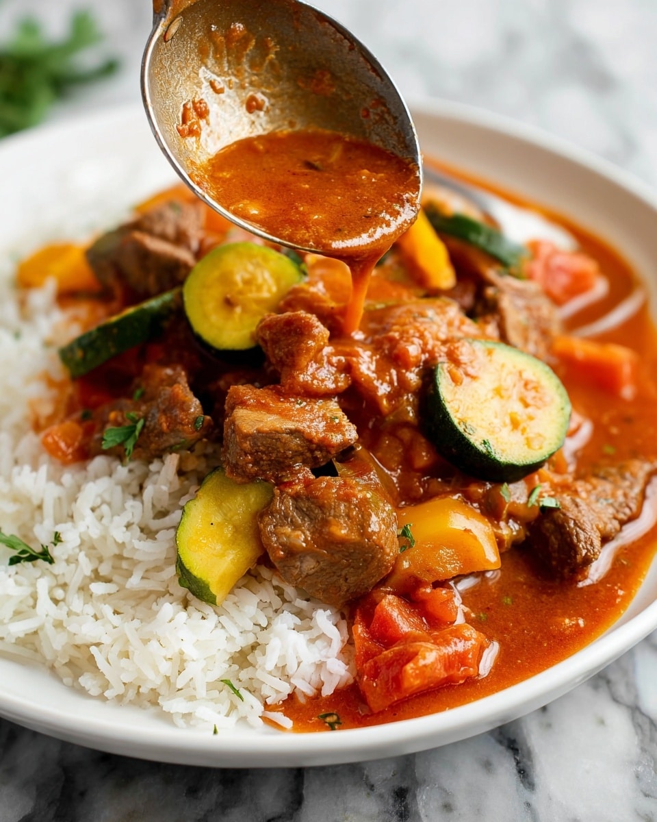 The image shows a white shallow bowl filled with white rice as the bottom layer. On top, there is a thick stew being poured from a ladle, consisting of brown chunks of meat, orange carrot slices, green and yellow zucchini pieces, and red tomato chunks, all mixed in a rich reddish-orange sauce. The stew looks warm and slightly glossy, sitting over the rice in a slightly messy, natural way. A spoon rests on the edge of the bowl, and some green herbs are slightly visible in the blurred background on a white marbled surface. Photo taken with an iphone --ar 4:5 --v 7