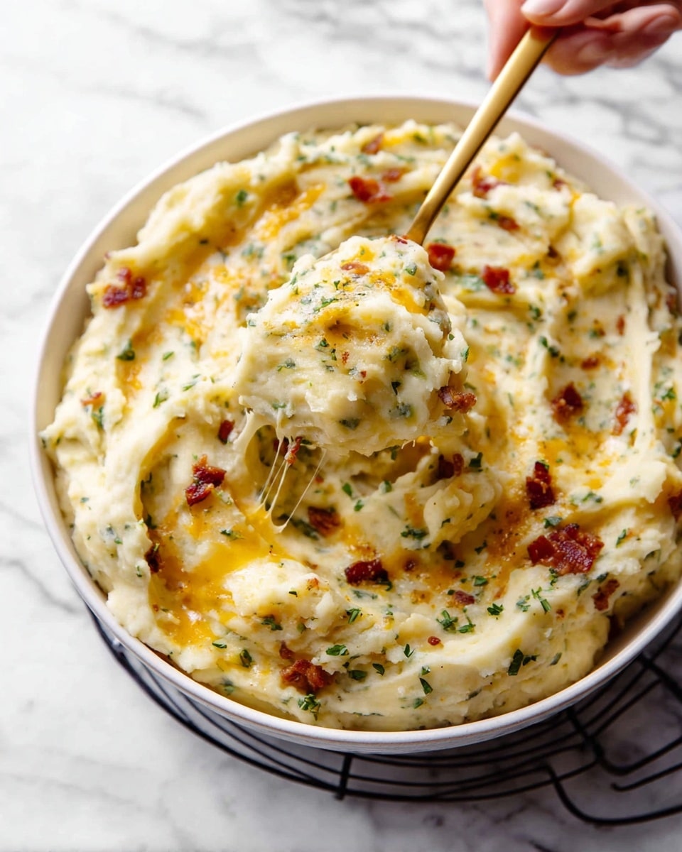 The image shows a white bowl filled with creamy mashed potatoes mixed with melted cheddar cheese, green herbs, and small bits of bacon. The mashed potatoes have a smooth yet slightly chunky texture and are pale yellow in color with bright orange cheese streaks and dark green herb specks scattered throughout. A woman's hand is holding a golden spoon lifting a generous scoop of the mashed potatoes from the bowl, showing the melted cheese strings and herbs on the scoop. The bowl is placed on a black wire rack with a white marbled surface underneath. The background is softly blurred, keeping the focus on the rich, cheesy mashed potatoes. photo taken with an iphone --ar 4:5 --v 7
