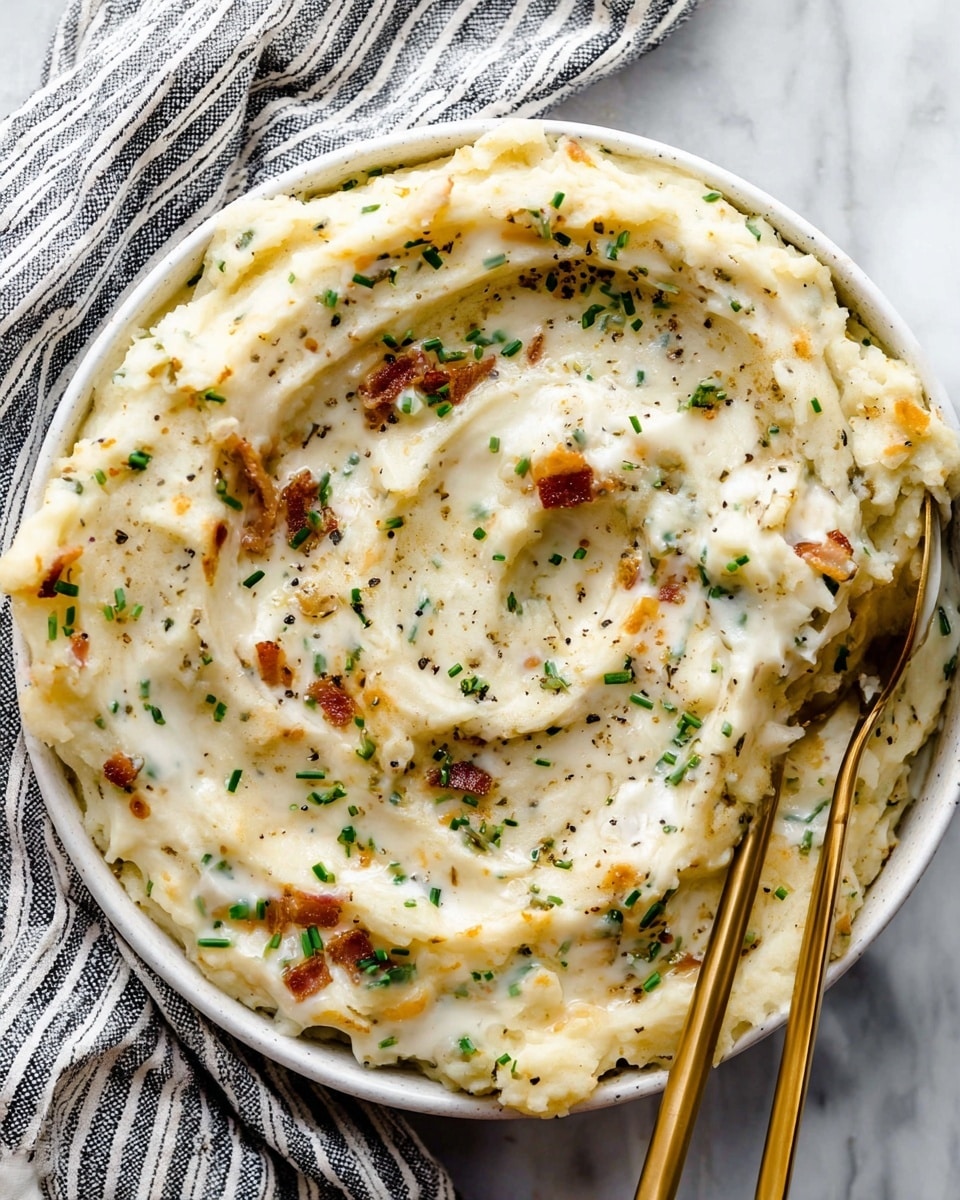 A white bowl is filled with creamy mashed potatoes that have bits of green herbs and small brown crispy pieces mixed inside. The mashed potatoes are swirled with a white, creamy sauce speckled with herbs on top, and chopped green chives are sprinkled over the dish. Two golden spoons rest inside the bowl, partially covered with the creamy mashed potatoes. The bowl sits on a black cooling rack layered on a white marbled surface with a black and white striped cloth nearby. Photo taken with an iphone --ar 4:5 --v 7