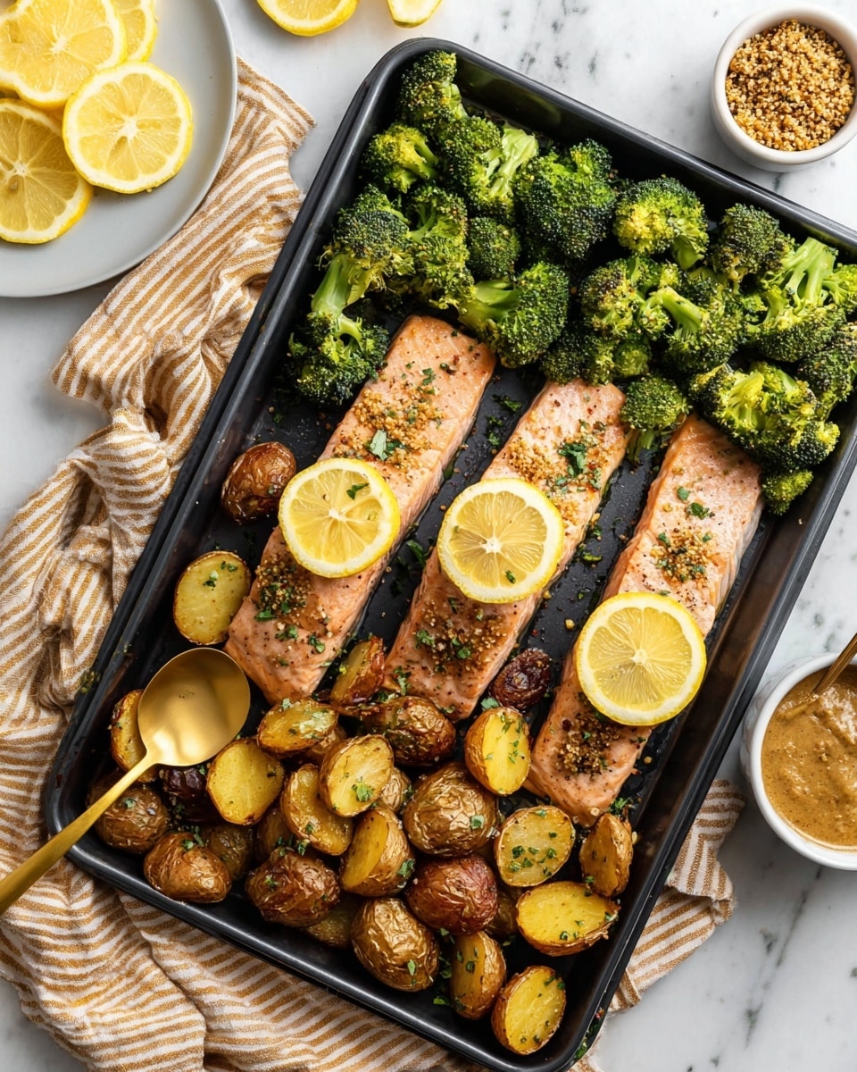 A black baking tray filled with four pieces of cooked salmon in the middle, each topped with a grainy mustard sauce and garnished with thin lemon slices; on the top half of the tray, there is a layer of bright green broccoli florets with a slightly crispy texture, and the bottom half holds roasted baby potatoes that are golden brown with some darker charred spots, scattered with small herbs. On the left side of the tray, a golden spoon rests partly on the potatoes. Around the tray, there is a beige striped cloth, a white plate with lemon wedges on top, and a white bowl with a grainy mustard sauce and a gold spoon inside it. Everything is set on a white marbled surface. Photo taken with an iphone --ar 4:5 --v 7