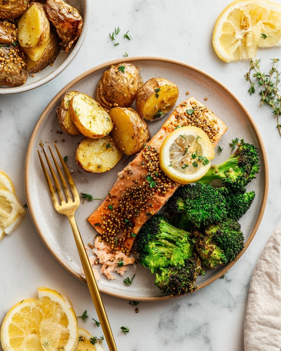 The dish shows one large piece of cooked salmon with a pink, slightly flaky texture, topped with whole grain mustard and small green herb leaves, positioned on the left side of a white plate. A thin round slice of lemon sits on top near the upper left corner of the fish. Behind the salmon, there is a bunch of bright green broccoli florets clustered in the upper center of the plate. To the right side, there is a mix of small roasted potatoes in golden brown and darker roasted shades. The plate sits on a white marbled surface, and a gold fork is placed near the lower left side, with a woman's hand holding it gently picking at the salmon photo taken with an iphone --ar 4:5 --v 7