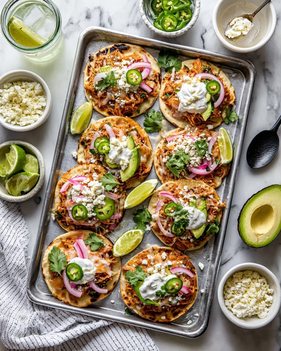 The image shows seven small tostadas arranged on a metal tray placed on a white marbled surface. Each tostada has a base layer of a small round, light tan tortilla topped with shredded orange-brown chicken mixed with melted light golden cheese. On top of the chicken, some tostadas have sliced green avocado and thin rings of pale pink pickled onions, while others are garnished with white sour cream dollops, sliced green jalapeños, and small pieces of white crumbly cheese. Fresh green cilantro leaves are sprinkled over all the tostadas and the tray. Around the tray, there are small white bowls filled with sliced green jalapeños and lime wedges, a wooden bowl of white crumbled cheese, a halved avocado, lime wedges scattered loosely, and two glasses of clear liquid with lime slices. A white cloth with black stripes is draped next to the tray. Photo taken with an iphone --ar 4:5 --v 7