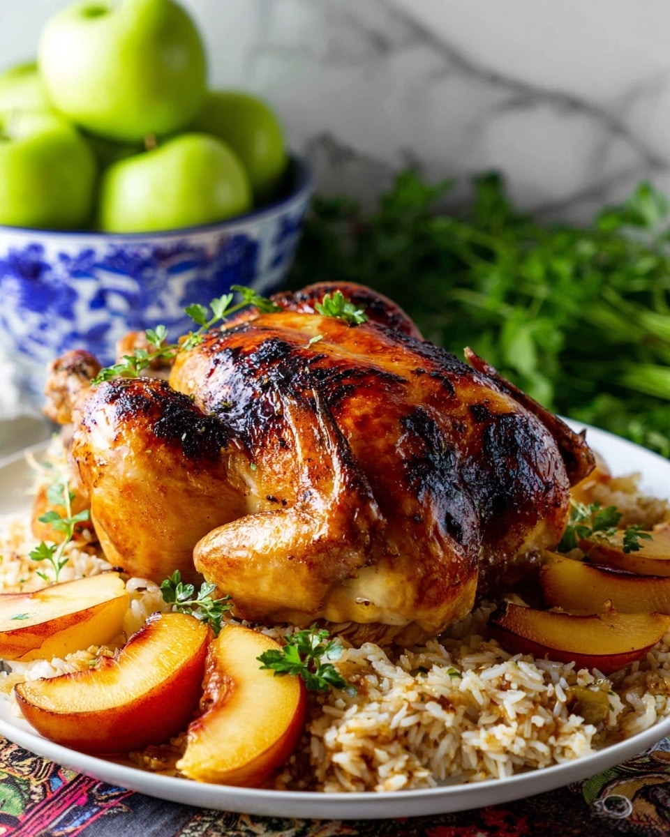A whole roasted chicken with golden brown, slightly charred skin sits on a layer of cooked rice that looks fluffy and mixed with herbs. Around the chicken, there are slices of yellow and red peaches or nectarines, adding bright colors. The chicken is garnished with small green herb leaves, and inside the chicken cavity, you can see some roasted garlic and sprigs of herbs. The meal is placed on a white plate, with a white marbled surface in the background. Photo taken with an iphone --ar 4:5 --v 7