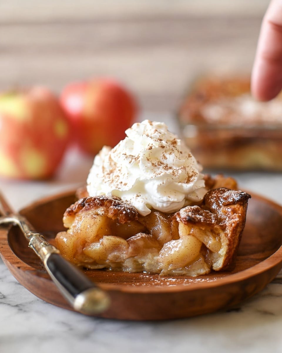 A wooden plate holds a single serving of baked dessert with a golden-brown crust that looks crisp and slightly caramelized. The dessert layer beneath shows soft, bubbling apple pieces with a light shine. At the top, a large swirl of white whipped cream is placed, with a light dusting of cinnamon powder on it. In the background, halved red apples are softly blurred against a white marbled surface. A woman’s hand is reaching toward the dessert, and a silver fork with a black handle lies beside the plate. Photo taken with an iphone --ar 4:5 --v 7