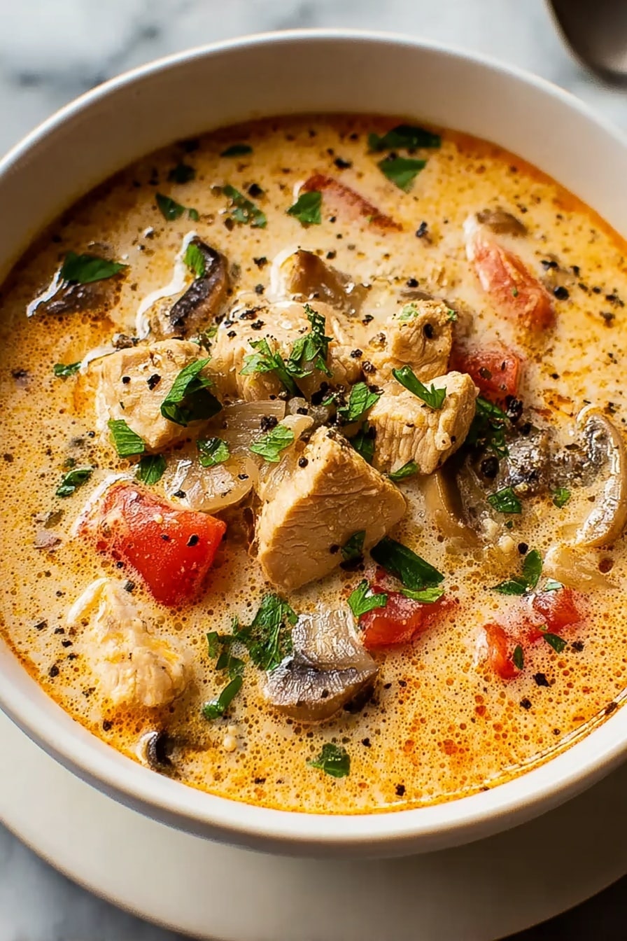 A close-up of a creamy soup in a white bowl, showing chunks of light beige chicken pieces mixed with small slices of red bell pepper and mushrooms. The soup itself is a warm, creamy orange color with visible black pepper sprinkled on top. Bright green chopped parsley is scattered across the surface, adding a fresh color contrast. The bowl is placed on a white marbled surface, with the lighting highlighting the smooth texture and slight shine of the soup. Photo taken with an iphone --ar 4:5 --v 7