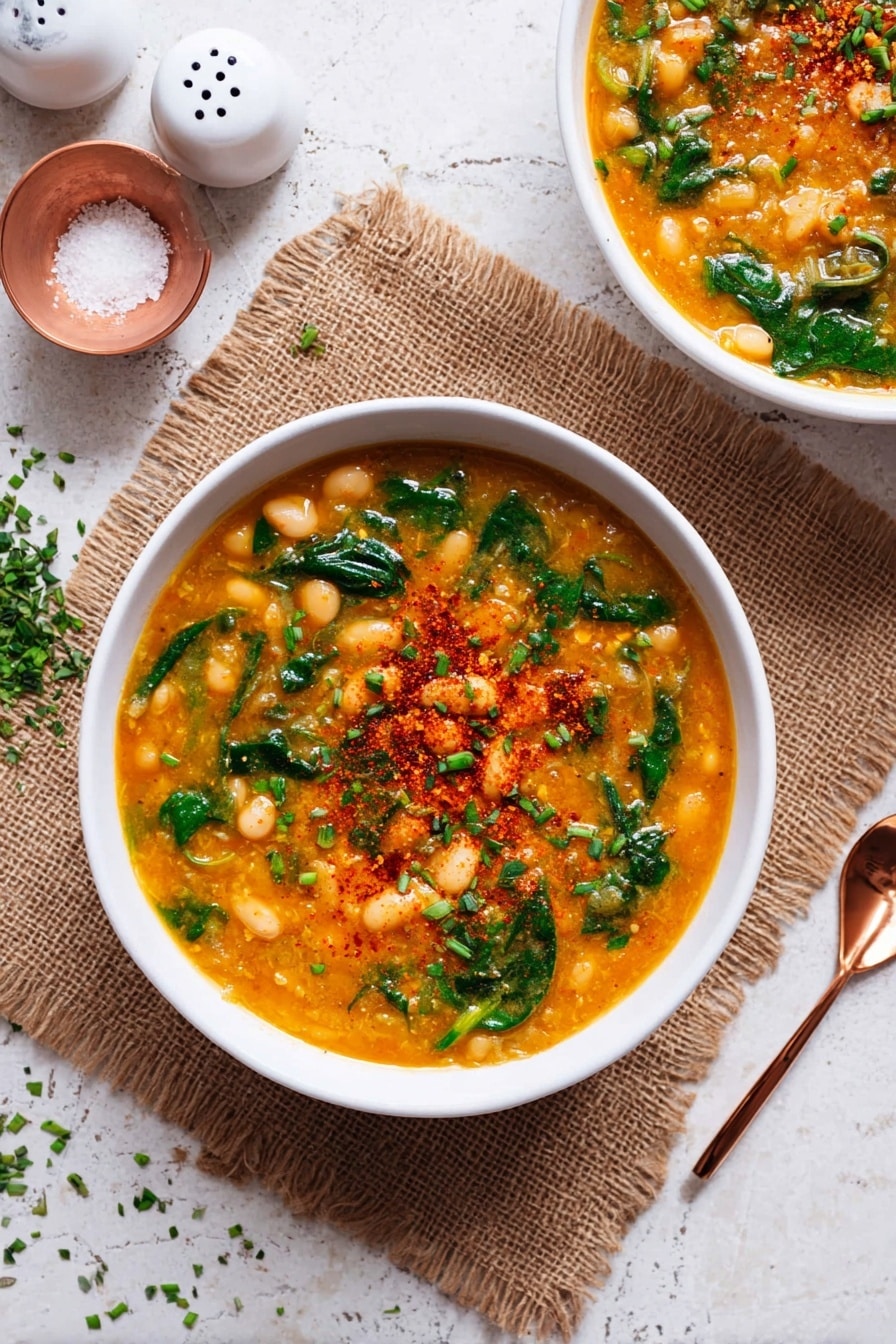 Two white bowls filled with a thick orange soup that has visible grains and white beans mixed throughout. The soup is topped with fresh green spinach leaves and various chopped herbs, along with a dusting of red spices in the center. Both bowls are placed on layered rough brown burlap cloth on a white marbled surface. Around them are scattered small green herb pieces, a copper spoon resting below the left bowl, and two small white containers for salt and pepper near the bottom right of the image. Photo taken with an iphone --ar 4:5 --v 7