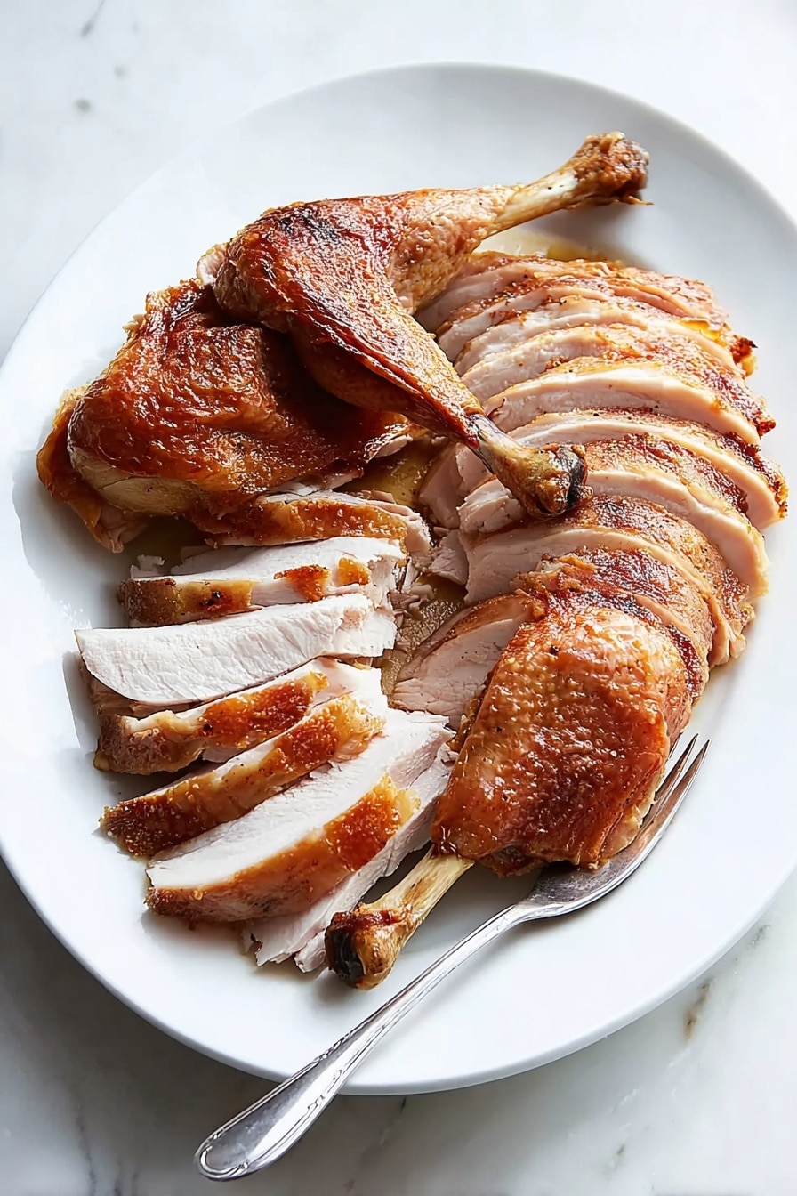 A white oval plate is filled with slices of roasted poultry arranged in a neat stack. The bottom layer is made of thick, even slices showing the light, juicy interior with a slightly crispy, golden-brown skin on the outside. On top, there are two whole poultry drumsticks with a crispy, browned texture and a bone stick out from each. The plate is placed on a white marbled surface with a silver fork resting on the lower left side. The lighting is soft and bright, highlighting the golden skin texture and juicy meat details. photo taken with an iphone --ar 4:5 --v 7