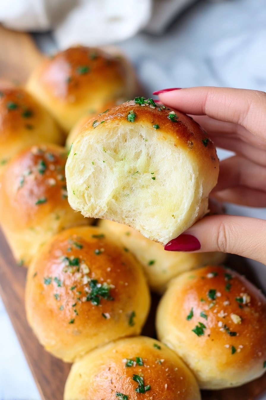 The image shows soft, round dinner rolls with golden-brown shiny tops, sprinkled with small bits of chopped green herbs. Each roll has a smooth, light tan outside and a fluffy, pale cream inside, seen clearly as a woman's hand pulls one apart in the center. In the background, more rolls sit closely on a wooden board, all uniformly browned on top with a soft texture. The scene is set on a white marbled surface with a natural light that highlights the bread’s texture and herb details, photo taken with an iphone --ar 4:5 --v 7
