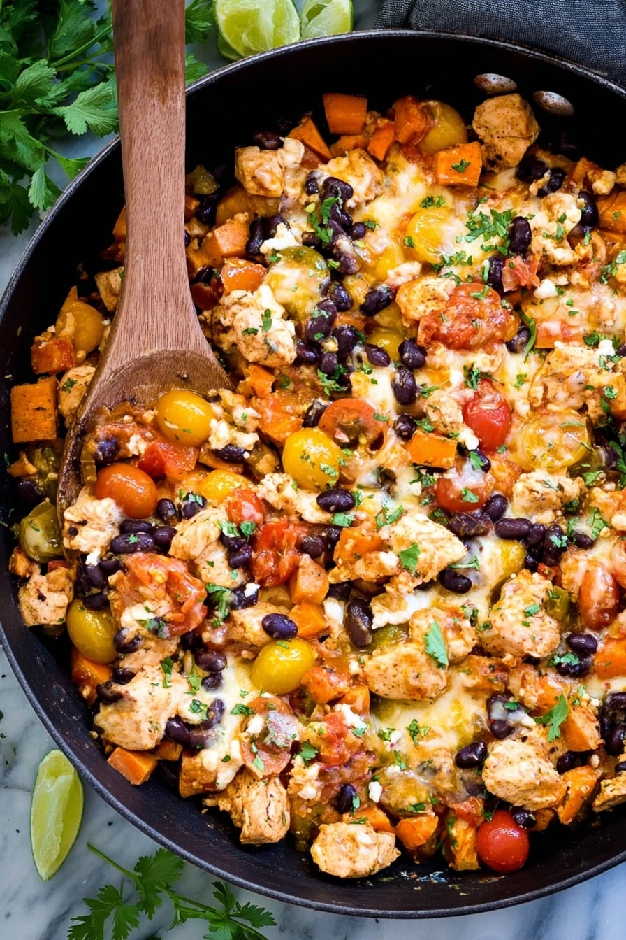 The image shows a black cast iron pan filled with a colorful mix of cooked vegetables and nuts. There are three main layers of small cubed vegetables in orange, white, and light green colors, accompanied by bright green Brussels sprouts scattered throughout. On top, there are dark red dried berries mixed with brown pecan halves, providing a contrasting texture. A wooden spoon with a light surface is inside the pan, resting on the right side, lifting some of the mixture. The pan sits on a white marbled surface decorated with a few scattered red and yellow autumn leaves around it. photo taken with an iphone --ar 4:5 --v 7