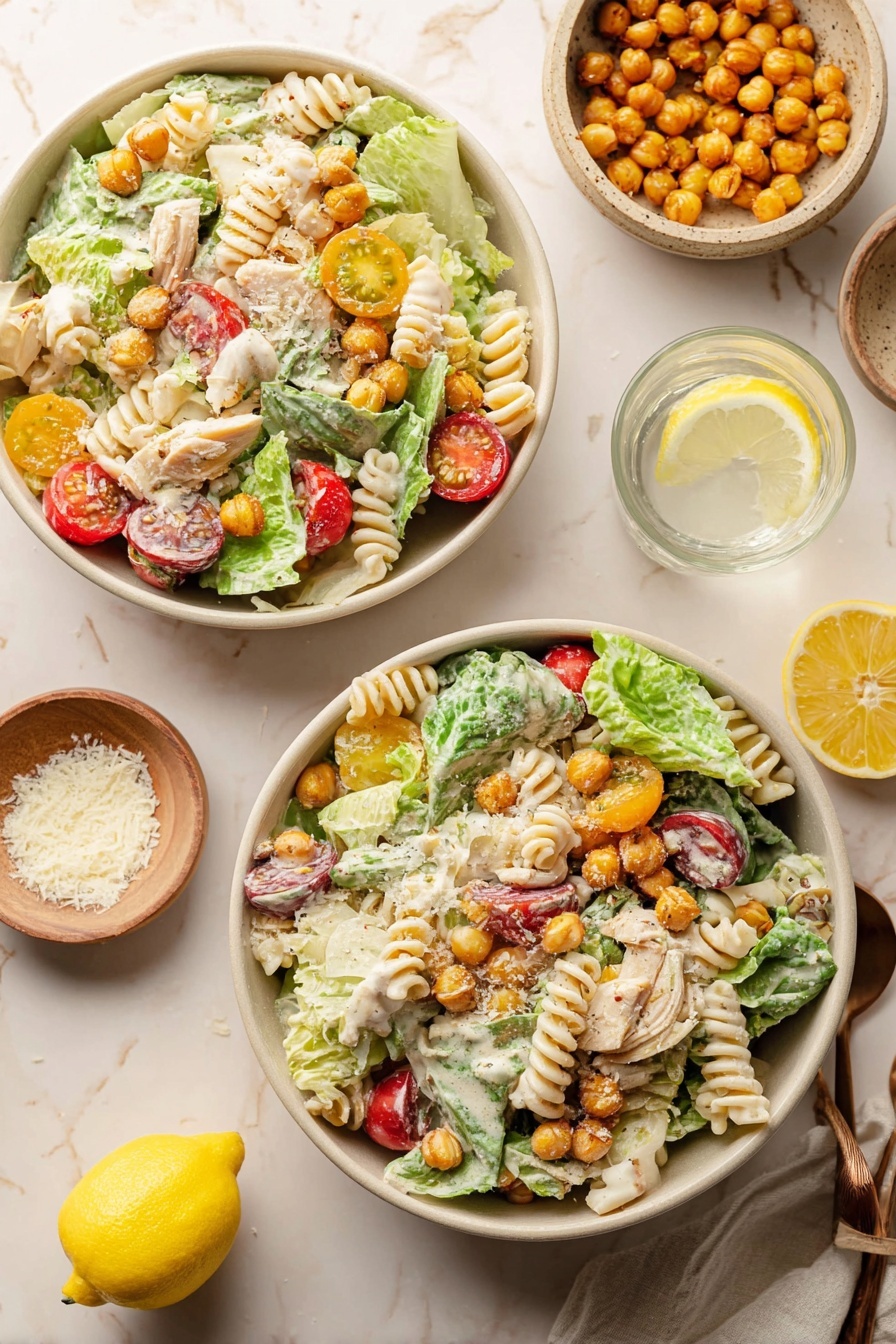 A large beige bowl filled with a colorful salad sits on a white marbled surface. The salad has a base layer of green lettuce leaves mixed with spiral-shaped pasta pieces that are creamy white. On top, there are halved red and yellow cherry tomatoes scattered around, along with bright orange roasted chickpeas spread evenly. Thin slices of white cheese flakes are sprinkled over the salad, and some small pieces of white chicken are mixed in. A metal fork with a wooden handle rests on the edge of the bowl. Around the bowl are small white bowls containing a creamy dressing, grated cheese, and more roasted chickpeas. A glass of water with lemon slices is visible in the top left corner. Photo taken with an iphone --ar 4:5 --v 7
