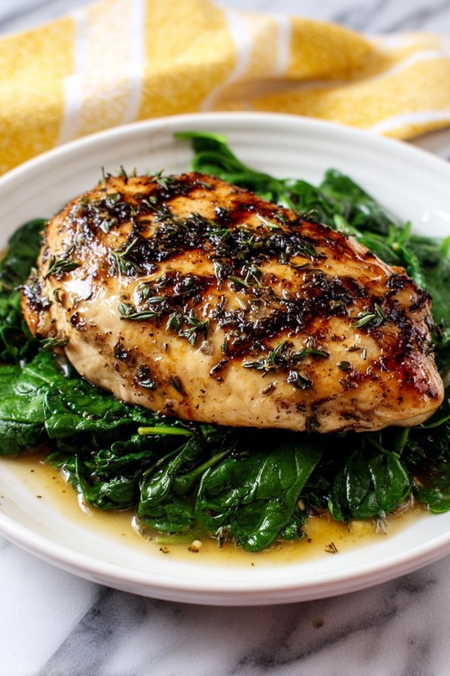 A white plate holds a single grilled chicken piece placed on a bed of cooked dark green spinach. The chicken is golden brown with grill marks and topped with a glossy herb sauce with visible small green leaves. The plate sits on a white marbled surface with a yellow and white patterned cloth partially visible under the plate. photo taken with an iphone --ar 4:5 --v 7