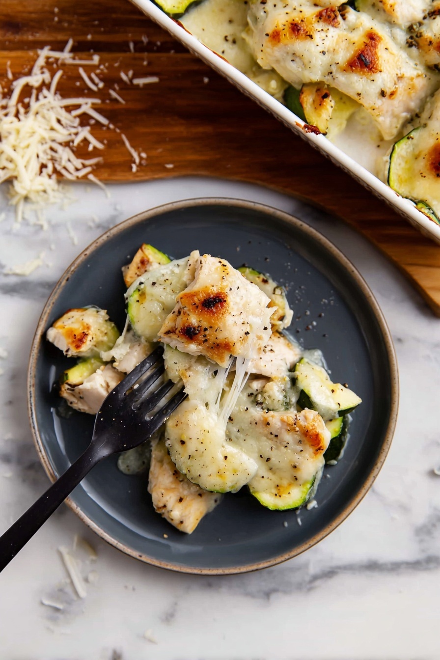 The image shows a black rectangular baking dish with handles on each side, filled with a baked casserole. The top layer is creamy white melted cheese with golden brown spots, giving it a slightly crispy texture. Below the cheese, pieces of light green zucchini slices and white chunks of cooked chicken are visible, mixed together evenly throughout the dish. The black dish is placed on a white marbled surface, enhancing the contrast with the food inside. photo taken with an iphone --ar 4:5 --v 7