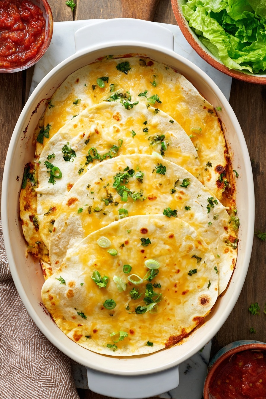 This image shows a white baking dish with red trim containing three layers of round tortillas. The top two tortillas are covered with melted yellow and white cheese, sprinkled with small green onion pieces and some green herb leaves. The edges of the tortillas are lightly browned. Underneath the tortillas, there is a visible layer of tomato-based sauce with some cooked filling peeking out on the bottom left side. Around the dish, there are bowls holding lettuce, salsa, and tortilla chips, all set on a white marbled surface. photo taken with an iphone --ar 4:5 --v 7