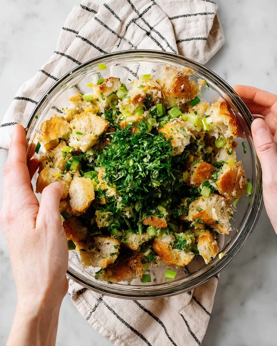 A clear glass bowl filled with large pieces of toasted bread that are golden brown on the edges and soft inside. Mixed with the bread are small pieces of green celery and chopped fresh herbs scattered all over, adding a fresh and colorful contrast. A wooden spoon is placed inside the bowl, resting on the bread and vegetable mix. The bowl sits on a white marbled surface with a striped cloth partly visible underneath. photo taken with an iphone --ar 4:5 --v 7