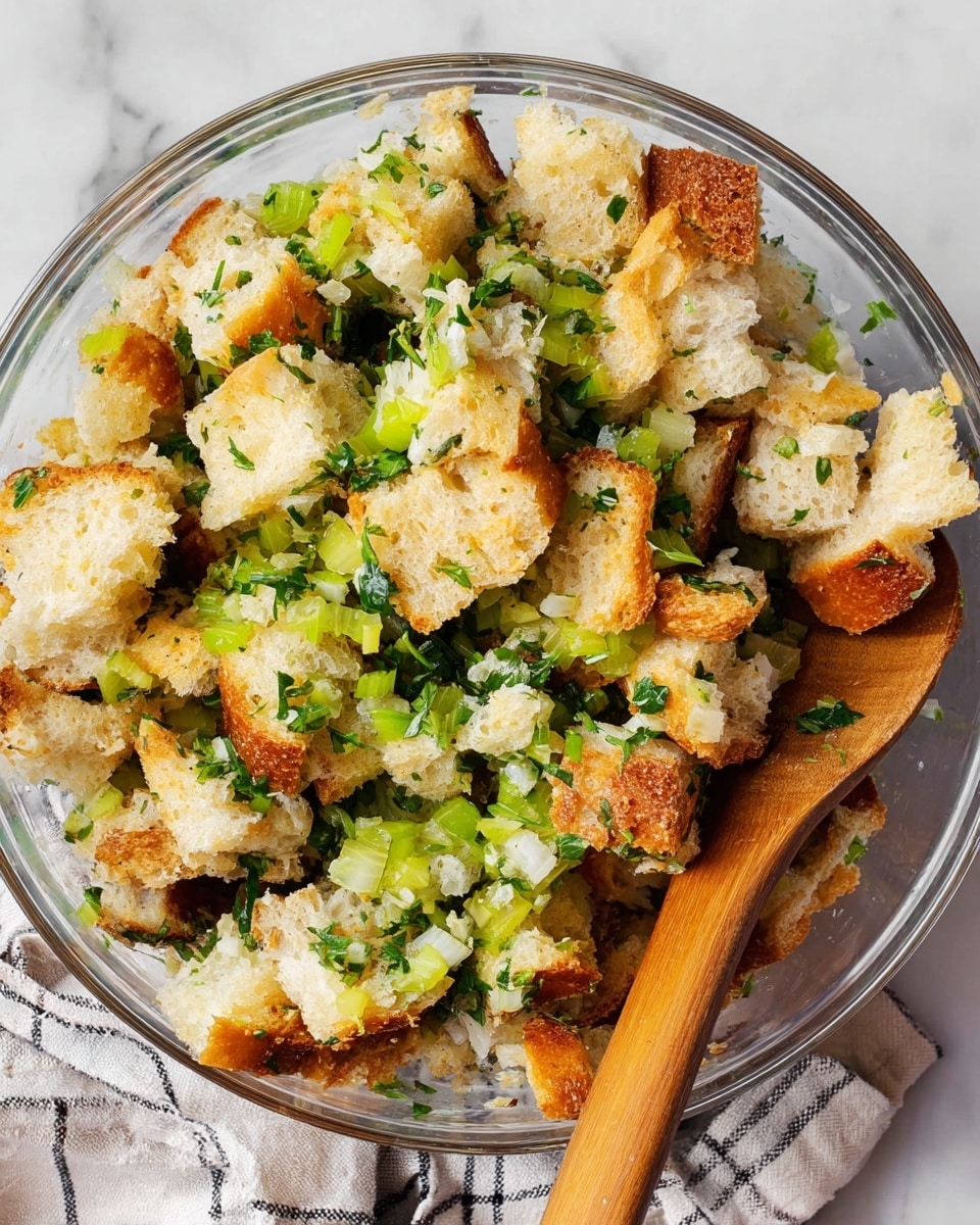 A clear glass bowl is filled with a mix of torn bread pieces in light golden brown and creamy white colors, chopped green celery, and bright green leafy herbs layered on top and mixed throughout. Two woman's hands are seen placing or mixing the ingredients in the bowl. The bowl rests on a white marbled surface with a light plaid cloth underneath. The texture of the bread is soft with some crusty edges, and the herbs add a fresh, leafy texture concentrated mainly in the center. Photo taken with an iphone --ar 4:5 --v 7
