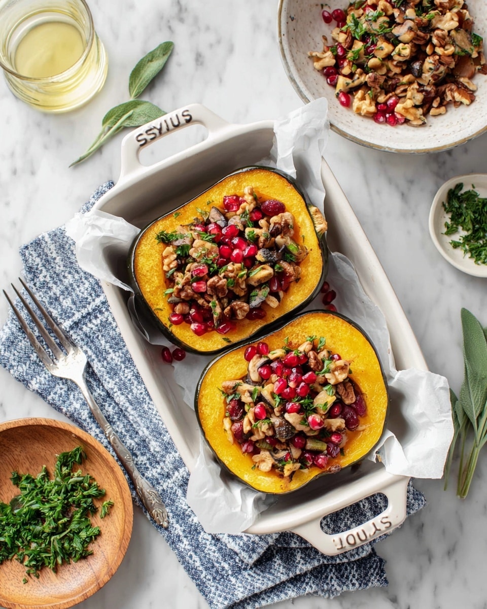 The image shows two halves of roasted squash placed inside a white baking dish with a layer of white parchment paper. Each squash half is filled with a colorful mixture of chopped mushrooms, nuts, dried cranberries, and pomegranate seeds, topped with fresh chopped green herbs. The squash has a bright orange and deep green skin with a soft yellow interior. The dish sits on a white marbled surface, surrounded by small bowls of chopped herbs and a clear liquid, with a wooden spoon resting inside a white bowl containing more of the filling mixture. A blue and white checked cloth is draped around the dish. Photo taken with an iphone --ar 4:5 --v 7