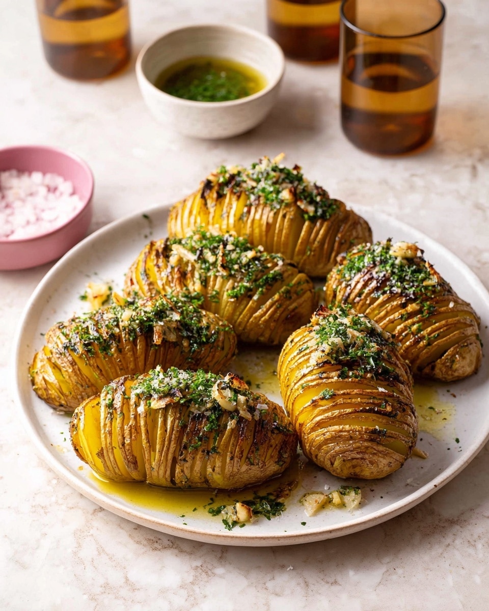 The image shows six hasselback potatoes arranged on a large white plate set on a white marbled surface. Each potato has thin, even slices along its length, creating a fan-like pattern with golden, crispy skin. The slices are layered with green herbs and small pieces of cooked garlic, giving a textured and fresh look. The potatoes are sprinkled with chopped green parsley across their tops and around the plate. In the background, there are two brown transparent glasses, a white bowl with a green oil-based sauce, and a small pink bowl filled with salt. Photo taken with an iphone --ar 4:5 --v 7