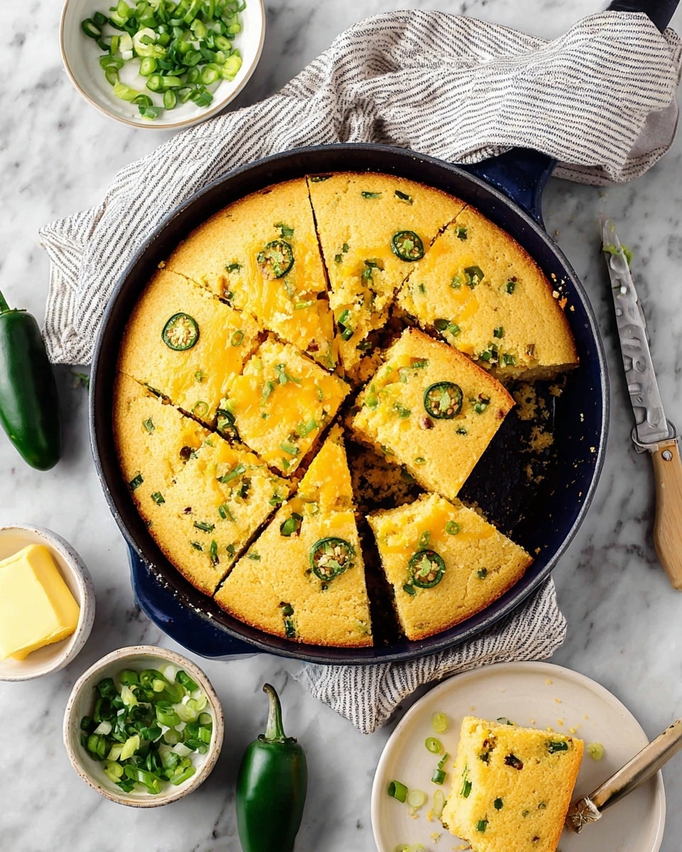 A round yellow cornbread with green jalapeño pieces mixed inside and on top, baked in a dark pan and cut into square slices. One square is being lifted, showing a soft and crumbly inside with green jalapeño pieces visible. The pan sits on a white cloth with thin black stripes, on a white marbled surface. Nearby are three whole green jalapeños, a small white plate with more chopped green jalapeños, and a small bowl of creamy butter with a knife resting on the side. A piece of cornbread is on a simple white plate at the bottom right. Photo taken with an iphone --ar 4:5 --v 7
