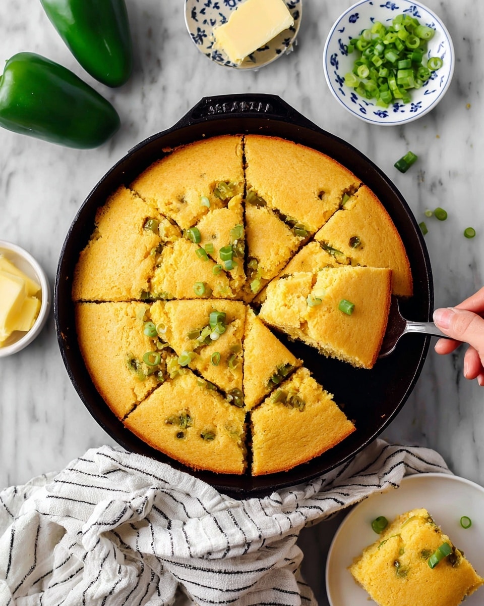 A round yellow cornbread with green pepper pieces baked inside sits in a black cast iron pan, cut into nine square pieces with one piece lifted slightly showing its soft and fluffy texture. The cornbread has a slightly golden crust with visible green pepper chunks throughout. Next to the pan, there is a white plate with one square piece of cornbread and a white towel with black stripes wrapped under the pan. On the white marbled surface, there are three green peppers, a small white plate with chopped green onions, and a stone bowl of a light yellow spread with a knife resting on the side. Photo taken with an iphone --ar 4:5 --v 7