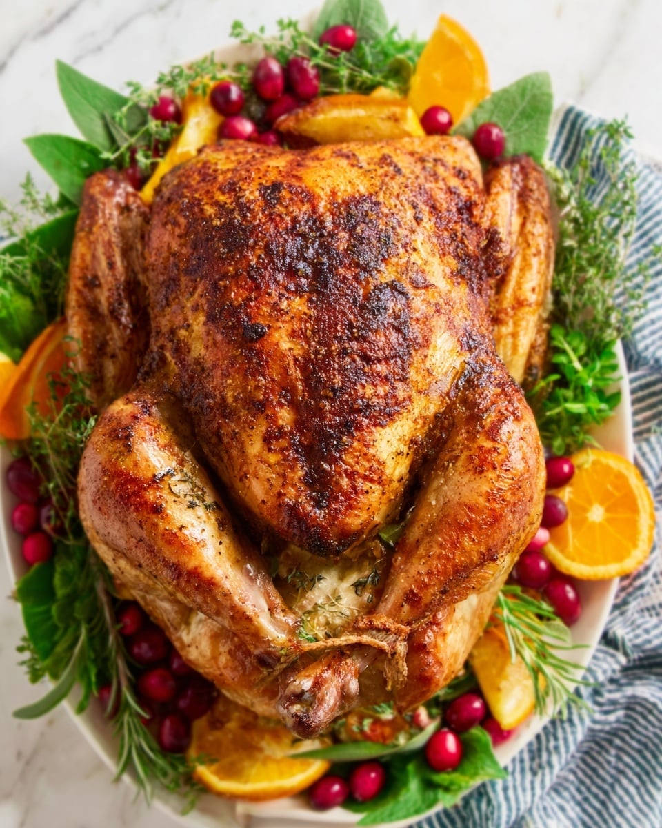 A whole roasted chicken with golden brown, crispy skin sits on a large white plate, stuffed with fresh green herbs like rosemary and thyme and thick pale onion slices inside. The plate is decorated with bright orange slices, light yellow lemon wedges, small green apples, clusters of green berries, and red cranberries, all placed on green leaves that cover the bottom of the plate. The surface beneath the plate has a white marbled texture. Photo taken with an iphone --ar 4:5 --v 7