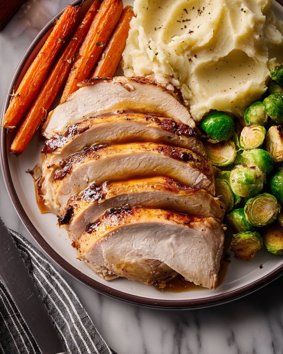 A white plate holds four thick slices of roasted turkey arranged side by side in the center, each slice shiny with a light brown glaze and visible seasoning on the edges. To the right of the turkey, there is a small pile of charred, bright green Brussels sprouts. Above the turkey slices, a scoop of creamy mashed potatoes with specks of black pepper is placed. To the left, two whole cooked carrots with a slightly wrinkled texture lean against the mashed potatoes. The plate rests on a white marbled surface with a striped cloth napkin nearby. Photo taken with an iphone --ar 4:5 --v 7
