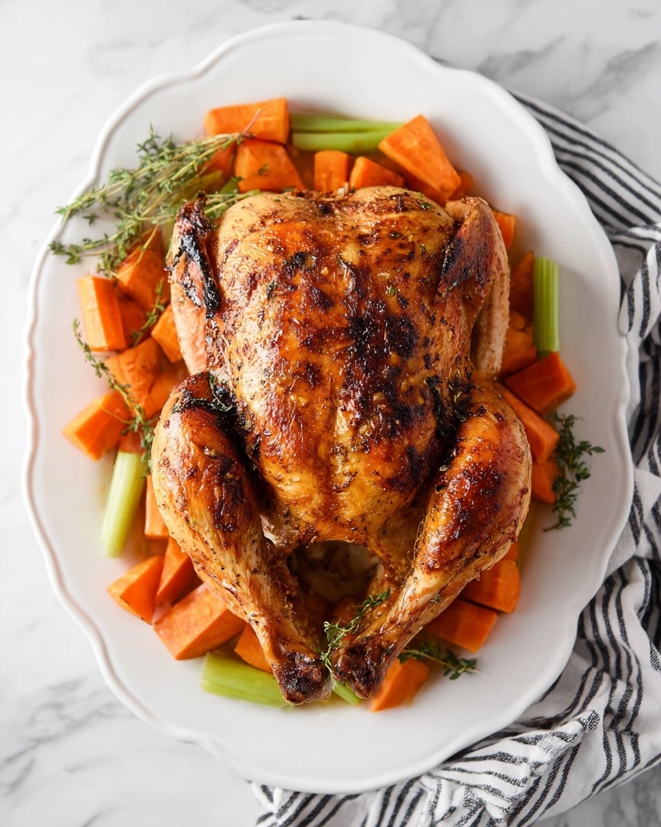 A whole roasted chicken with a golden brown and slightly charred skin is centered on a white, scalloped plate. The chicken is placed with its wings tucked close and its legs crossed at the bottom. Around the chicken, there are bright orange carrot chunks and long green celery sticks arranged in a somewhat scattered yet balanced way along the edges of the plate. Sprigs of fresh green rosemary and thyme are also visible, adding a touch of earthy color and texture around the vegetables. The plate sits on a white marbled surface with a black and white striped cloth partially shown on the upper left side. photo taken with an iphone --ar 4:5 --v 7