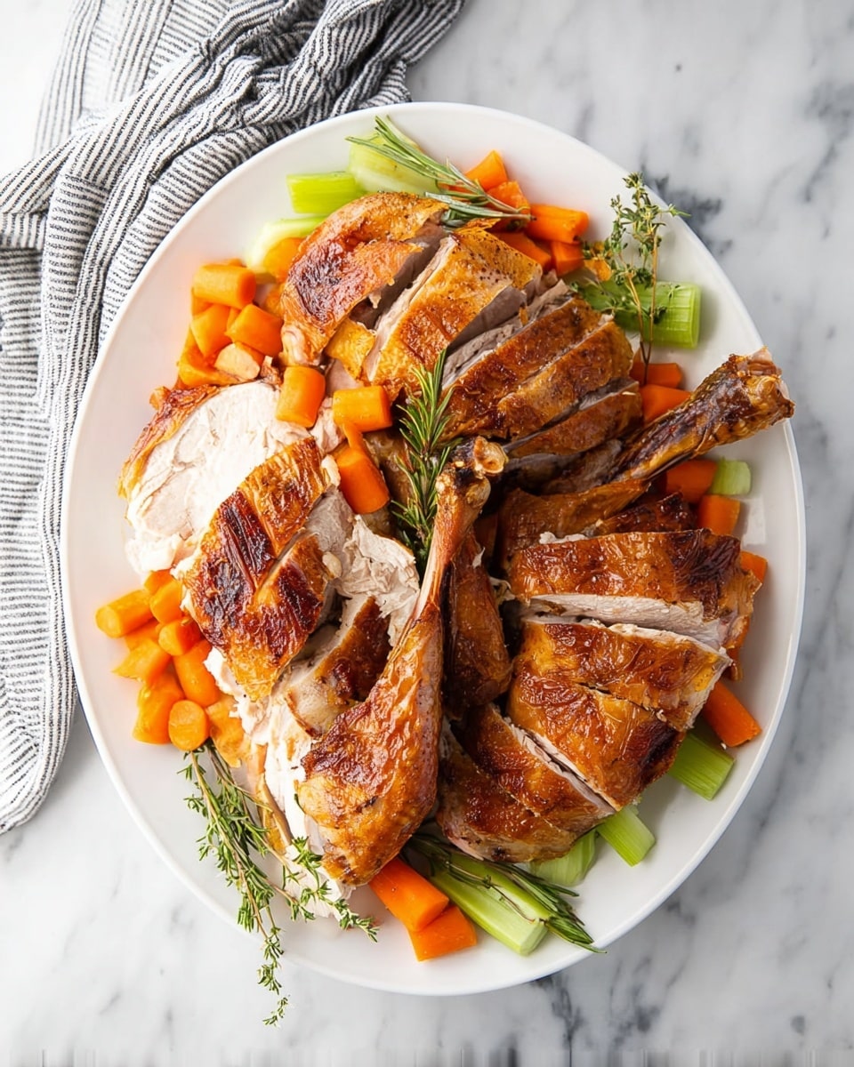 A white plate holds a roasted chicken dish with several layers. The bottom layer consists of bright orange carrot chunks and green celery sticks arranged around the plate. On top of this, there are pieces of golden brown roasted chicken with crispy skin, including two drumsticks, two thigh portions, and several sliced breast pieces with white meat showing. Some shredded white chicken meat is placed beside the larger pieces. Sprigs of fresh green rosemary and thyme are scattered around for garnish. The plate rests on a white marbled surface with a black and white striped cloth nearby. Photo taken with an iphone --ar 4:5 --v 7