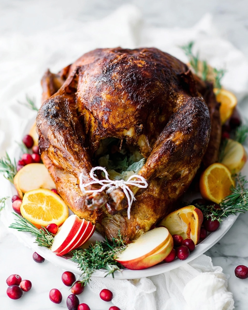A roasted whole chicken with dark brown, crispy skin sits on a white plate surrounded by layers of sliced yellow-orange citrus fruits, pale green apple slices, and sprigs of green rosemary. The chicken is tied at the legs with light-colored string. Small red berries scatter around the edges of the plate. The plate rests on a white marbled surface with a white cloth beside it. Photo taken with an iphone --ar 4:5 --v 7