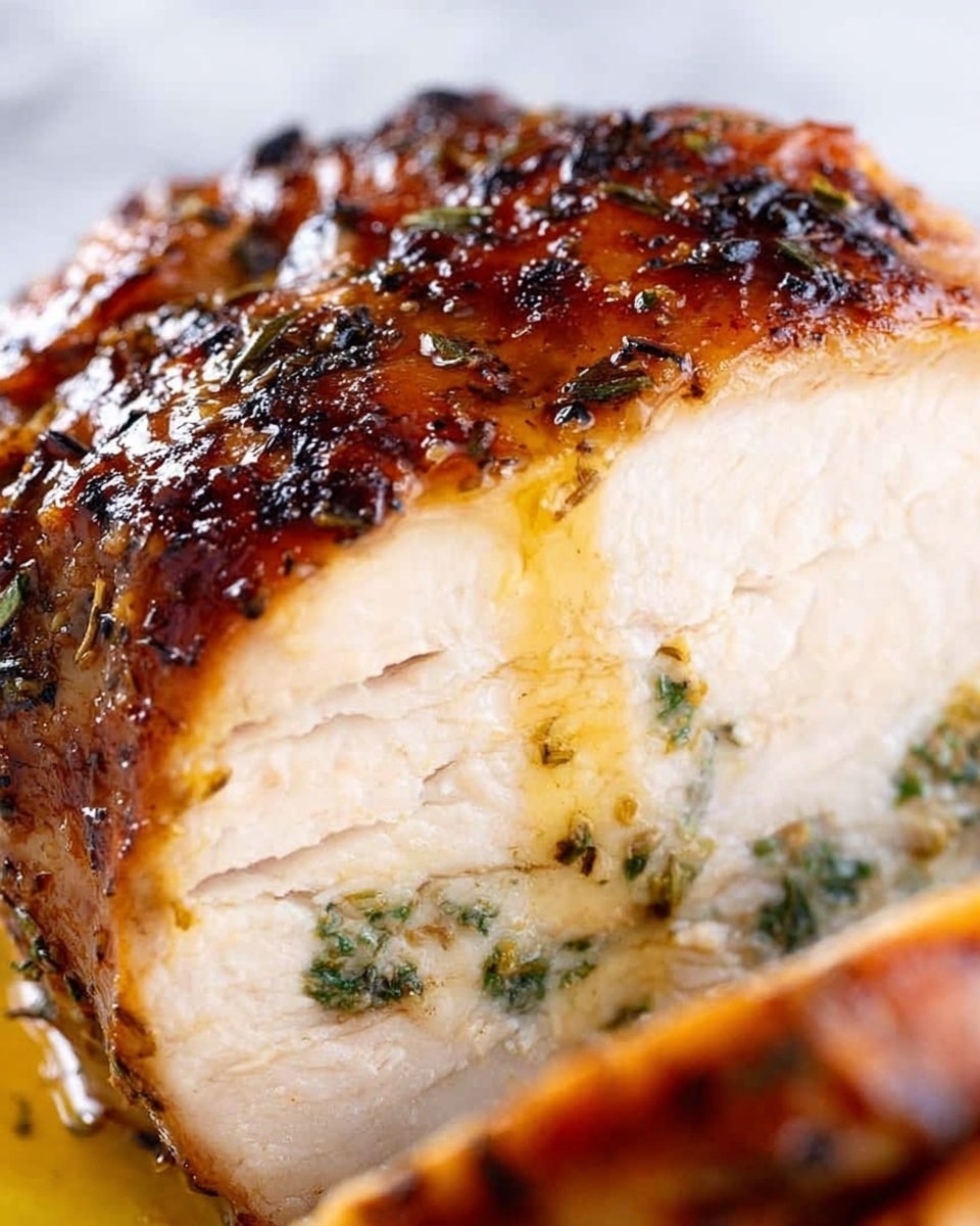 The image shows a close-up of a thick piece of cooked chicken with a shiny brown crust on the outside and tender white layers inside. There are small green herb pieces on the top layers and light yellow drops of sauce or oil dripping down the sides. The chicken looks juicy and moist with clear texture on each white layer inside. The background is a white marbled texture. photo taken with an iphone --ar 4:5 --v 7