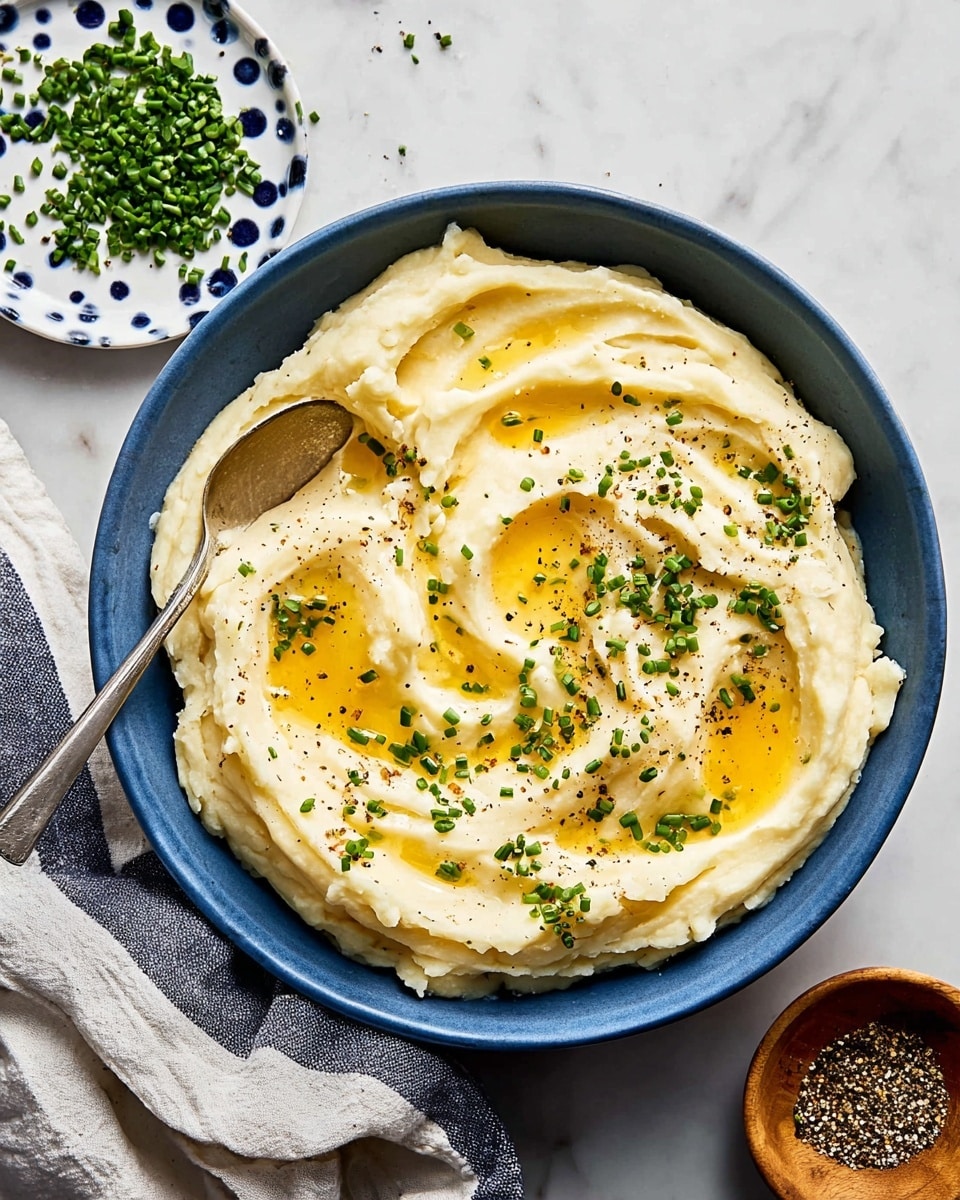 The image shows a close-up of a bowl filled with mashed potatoes that have a smooth and creamy texture. The mashed potatoes form a thick, swirled base layer in a white bowl. On top, there are three small, yellow pats of melting butter placed unevenly in the center, with a shiny pool of melted butter spreading around them. Scattered over the surface are small green chive pieces and black pepper specks, adding contrast and detail. A silver spoon is partially submerged on the right side of the bowl, resting against the mashed potatoes. The background is a white marbled surface with a small bowl of chopped chives slightly out of focus in the top right corner. Photo taken with an iphone --ar 4:5 --v 7