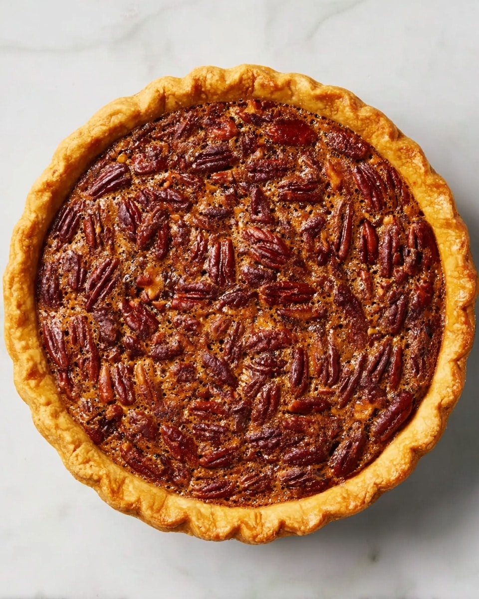 The image shows a whole pecan pie with a single golden brown crust layer forming a scalloped edge around the pie. The filling is a rich golden color with a slightly shiny texture, studded evenly with whole toasted pecan halves that cover the entire surface. The pie is placed on a white marbled surface, and the top layer of pecans is dense and closely packed, creating a textured pattern with some small holes in the filling visible between the nuts. photo taken with an iphone --ar 4:5 --v 7