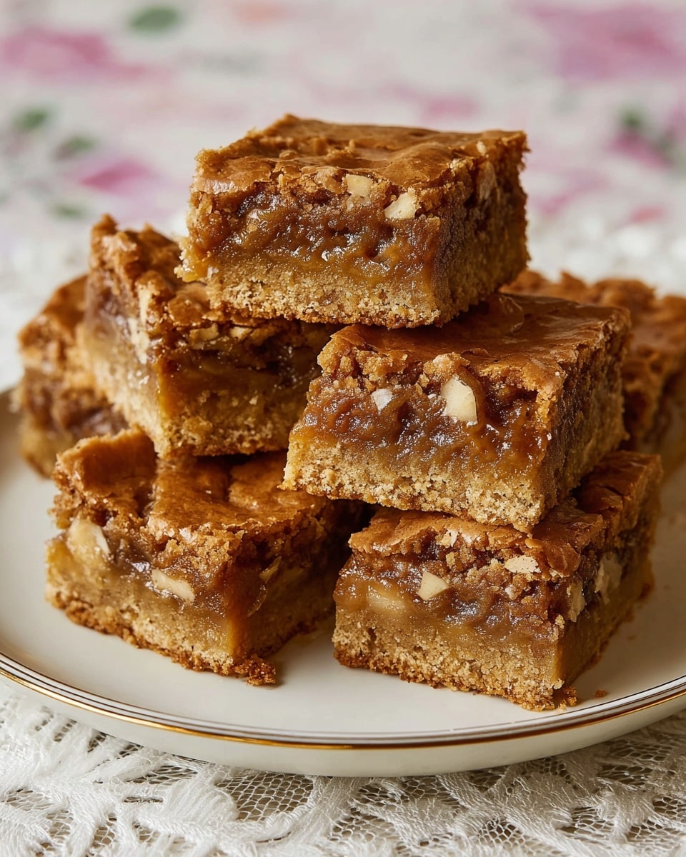 The image shows a stack of six square blondies arranged on a white plate with a thin gold rim, placed atop a white marbled textured surface. Each blondie has two visible layers: a dense, light brown base with bits of walnuts and a thick, gooey, darker brown middle layer that looks sticky and rich. The top layer is a slightly crisp, golden-brown crust that covers the gooey center. The blondies vary slightly in thickness, and their texture looks soft and chewy with some cracks on the crust. Photo taken with an iphone --ar 4:5 --v 7