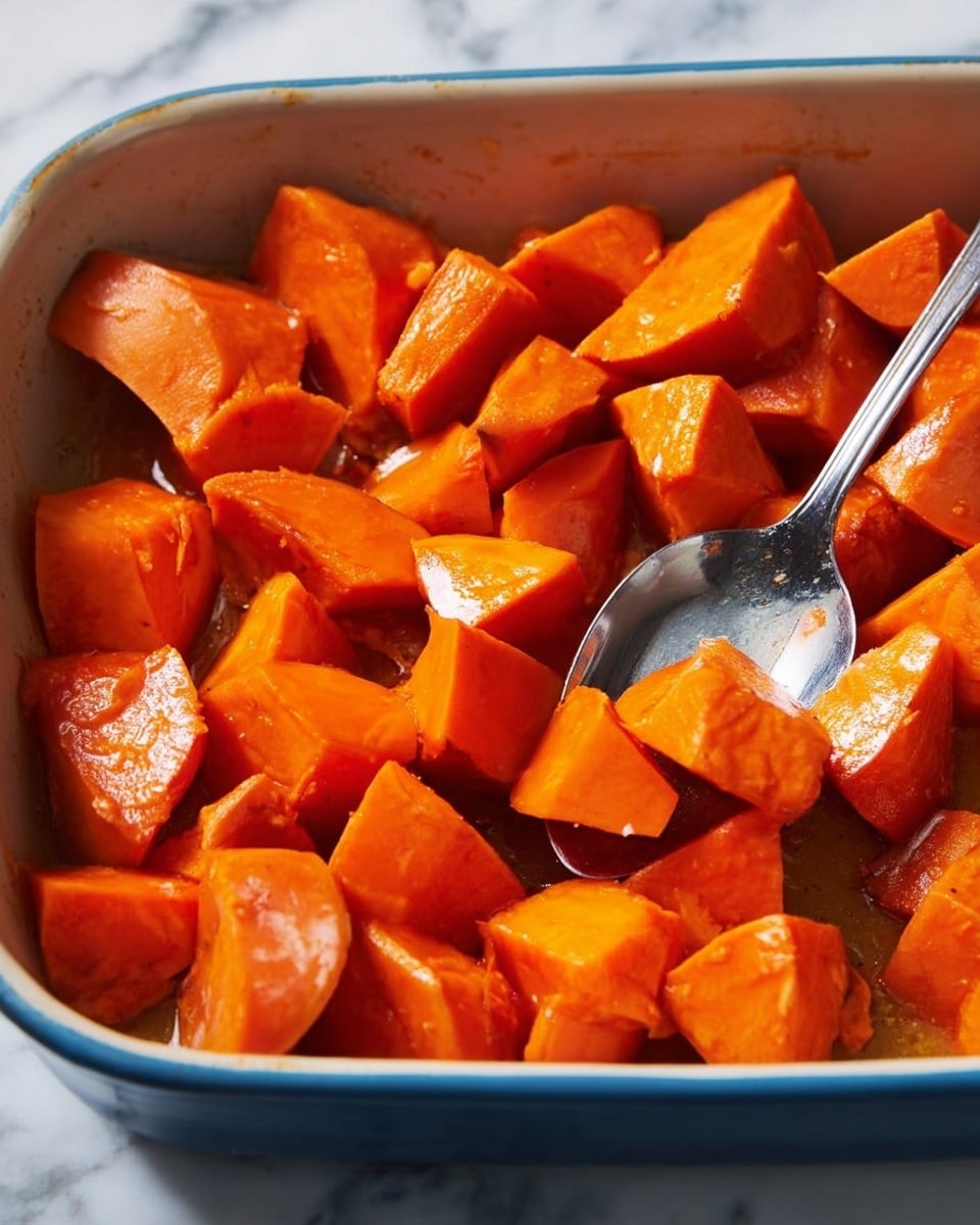 A close-up view of a white marbled surface holding a blue ceramic baking dish filled with bright orange cooked sweet potato chunks. The sweet potato pieces are shiny, soft in texture, and cut into uneven big chunks spread evenly across the dish. A silver spoon rests in the dish partially covered by the sweet potatoes, showing a shiny surface that reflects some of the orange color. The lighting highlights the smooth, slightly moist texture of the sweet potatoes. Photo taken with an iphone --ar 4:5 --v 7