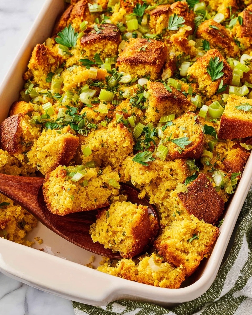 A close-up view of a baked dish in an off-white baking pan filled with golden-brown cornbread pieces that are chunky with a rough texture, mixed with small chopped green celery pieces and fresh parsley leaves sprinkled on top. The cornbread has crispy dark brown edges and soft yellow insides, with chopped onions mixed throughout. A wooden spoon is scooping some of the dish from the bottom left corner, showing the soft texture beneath the crust. The background is a white marbled texture with a green and white striped cloth underneath the pan. Photo taken with an iphone --ar 4:5 --v 7