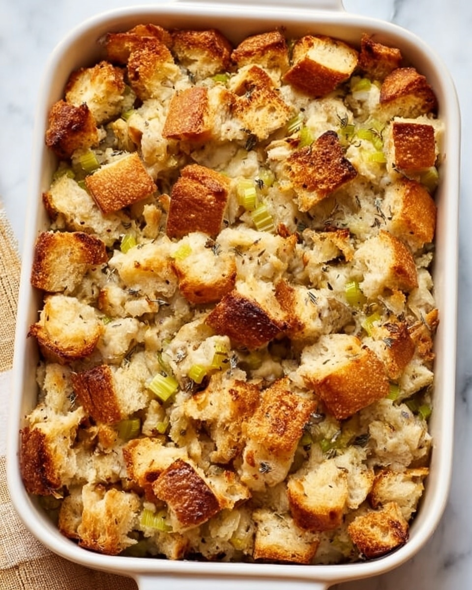 The dish is a baked casserole in a white rectangular dish on a white marbled surface. It has a top layer of golden brown toasted bread chunks that are unevenly placed. Below the crispy bread, there are bits of soft, creamy stuffing mixed in with pieces of light green celery. The stuffing appears moist and smooth, contrasting with the crunchy bread on top. The overall color palette is warm with light browns, creamy whites, and pale greens. Photo taken with an iphone --ar 4:5 --v 7