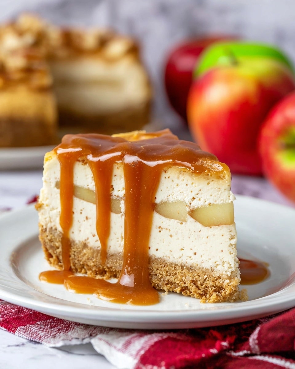 A slice of cheesecake with three distinct layers sits on a white plate. The bottom layer is a golden-brown crumbly crust. Above it, there is a thin light layer with small apple slices visible. The thick top layer is creamy beige cheesecake texture with tiny specks, looking smooth and dense. A thick amber caramel sauce is generously poured over the top, dripping down the front and pooling slightly at the base. In the background, there are blurred red and green apples and part of the remaining cheesecake. The surface under the plate has a white marbled texture and a red and white cloth is underneath the plate. photo taken with an iphone --ar 4:5 --v 7