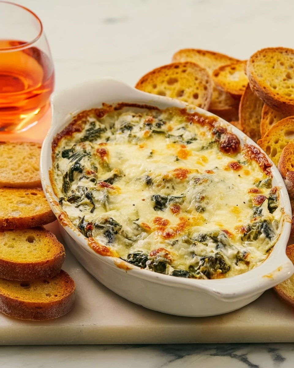 An oval white ceramic dish filled with a baked dip that has a creamy white and golden-brown top layer mixed with green leafy bits, showing a slightly browned melted cheese texture. Next to the dish is a stack of small toasted bread slices with a crunchy appearance. The dish and bread are placed on a white marbled surface, and there is a glass of amber-colored drink in the background. photo taken with an iphone --ar 4:5 --v 7
