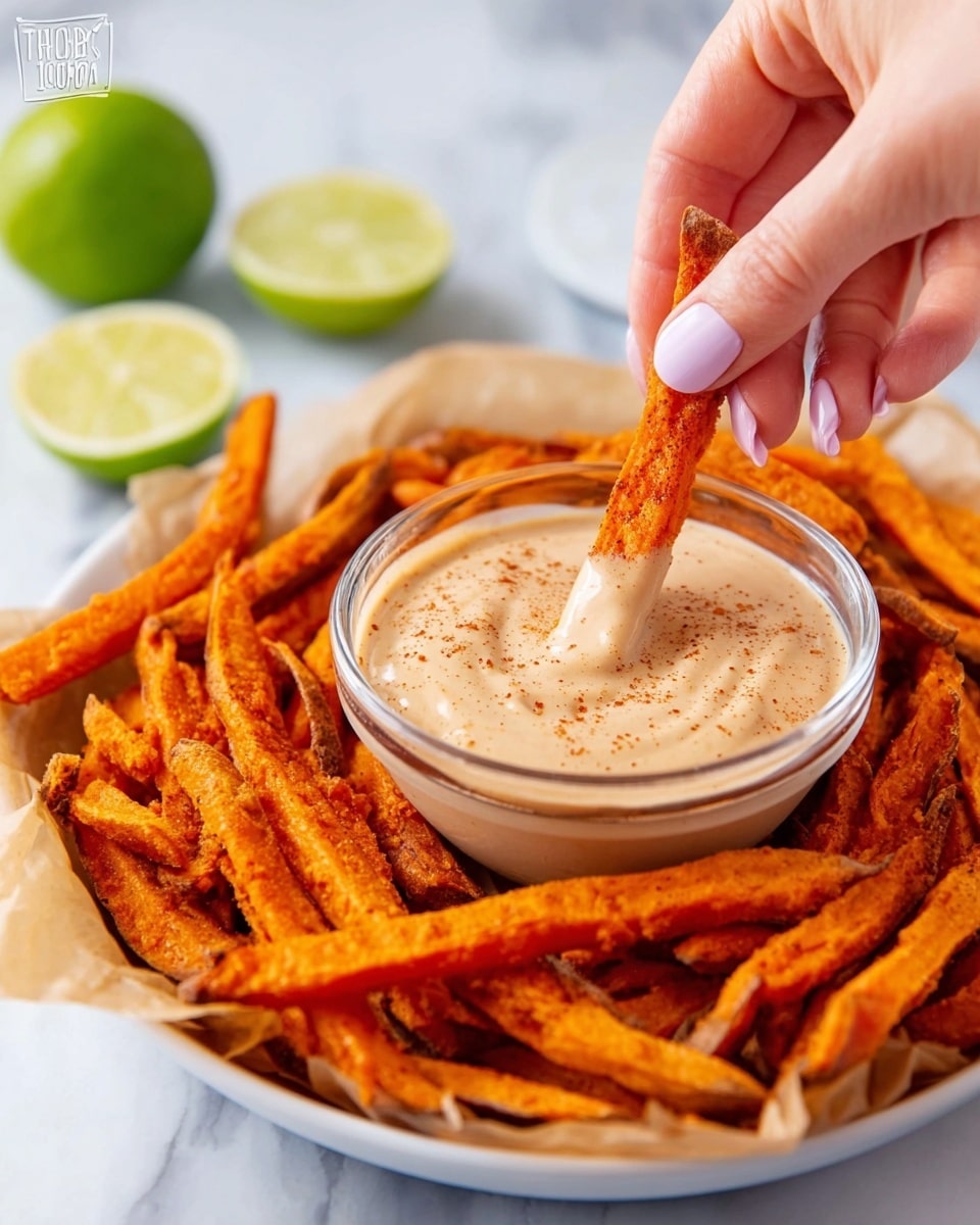 A white plate lined with light brown parchment paper holds a pile of bright orange sweet potato fries that look crunchy on the outside. In the center of the plate, there is a small clear glass bowl filled with creamy light tan sauce speckled with darker spices. A woman's hand with pale pink nails is dipping one sweet potato fry into the sauce. Two lime halves rest in the background on a white marbled surface. photo taken with an iphone --ar 4:5 --v 7