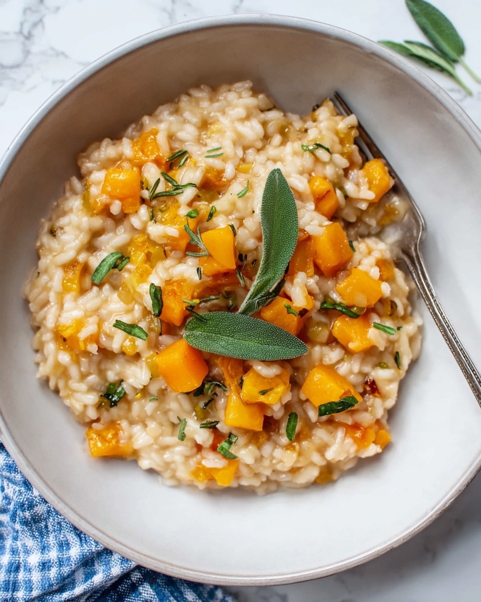 Two white bowls of creamy risotto are placed on a white marbled surface. Each bowl contains an orange and beige mix of soft rice and small orange squash cubes, topped with scattered fresh green sage leaves and bits of chopped parsley. Both bowls have a silver fork resting inside, with the one in the top bowl slightly inserted into the risotto. A piece of pale yellow cheese with small holes sits on a silver grater near the top right corner, and a light wooden pepper grinder is nearby. A blue and white checkered cloth lies loosely on the left side. Photo taken with an iphone --ar 4:5 --v 7