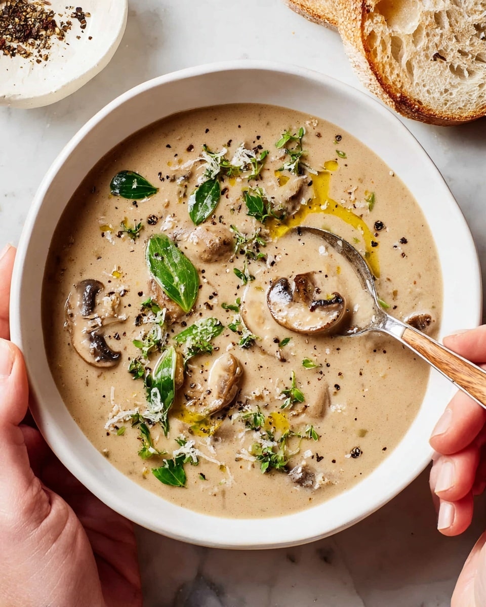 A white bowl is filled with creamy mushroom soup that has a light brown color and smooth texture. Inside the soup, there are slices of mushrooms visible, each with a slightly darker brown shade. The soup has swirls of white cream on the surface, along with droplets of yellow oil scattered around. Fresh green herbs are sprinkled over the top, adding a touch of color and texture. A woman's hand holds a wooden spoon with a silver scoop, dipping into the soup from the right side. The bowl sits on a white marbled surface with some green herb sprigs nearby. photo taken with an iphone --ar 4:5 --v 7