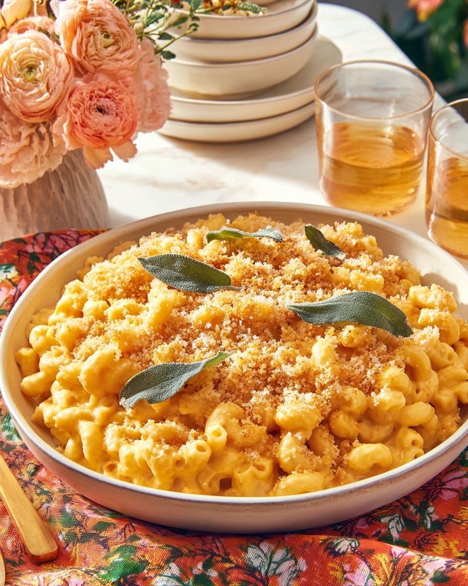 A large, shallow white bowl filled with creamy macaroni and cheese made of curly pasta coated in a golden yellow cheese sauce. The dish is topped with a layer of light brown breadcrumbs and a few fried sage leaves scattered on top, adding a touch of green. The bowl sits on a colorful floral cloth on a white marbled surface, with two glasses of light brown drink in the blurred background. A woman's hand is not visible, but two forks with wooden handles lay on the fabric next to the bowl. Photo taken with an iphone --ar 4:5 --v 7