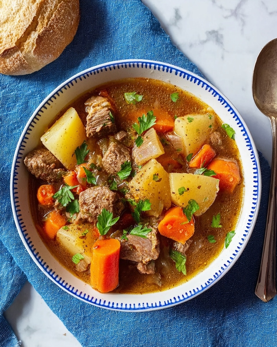 A white bowl with blue dotted lines near the rim holds a stew with several large chunks of brown meat, orange carrot pieces, and light yellow potato chunks in a brown broth. The stew is garnished with fresh green parsley leaves. The bowl is placed on a dark blue cloth on a white marbled surface, with a piece of torn white bread near the top left and a metallic spoon to the right side. The scene is lit warmly, capturing the texture of the meat and vegetables clearly. photo taken with an iphone --ar 4:5 --v 7