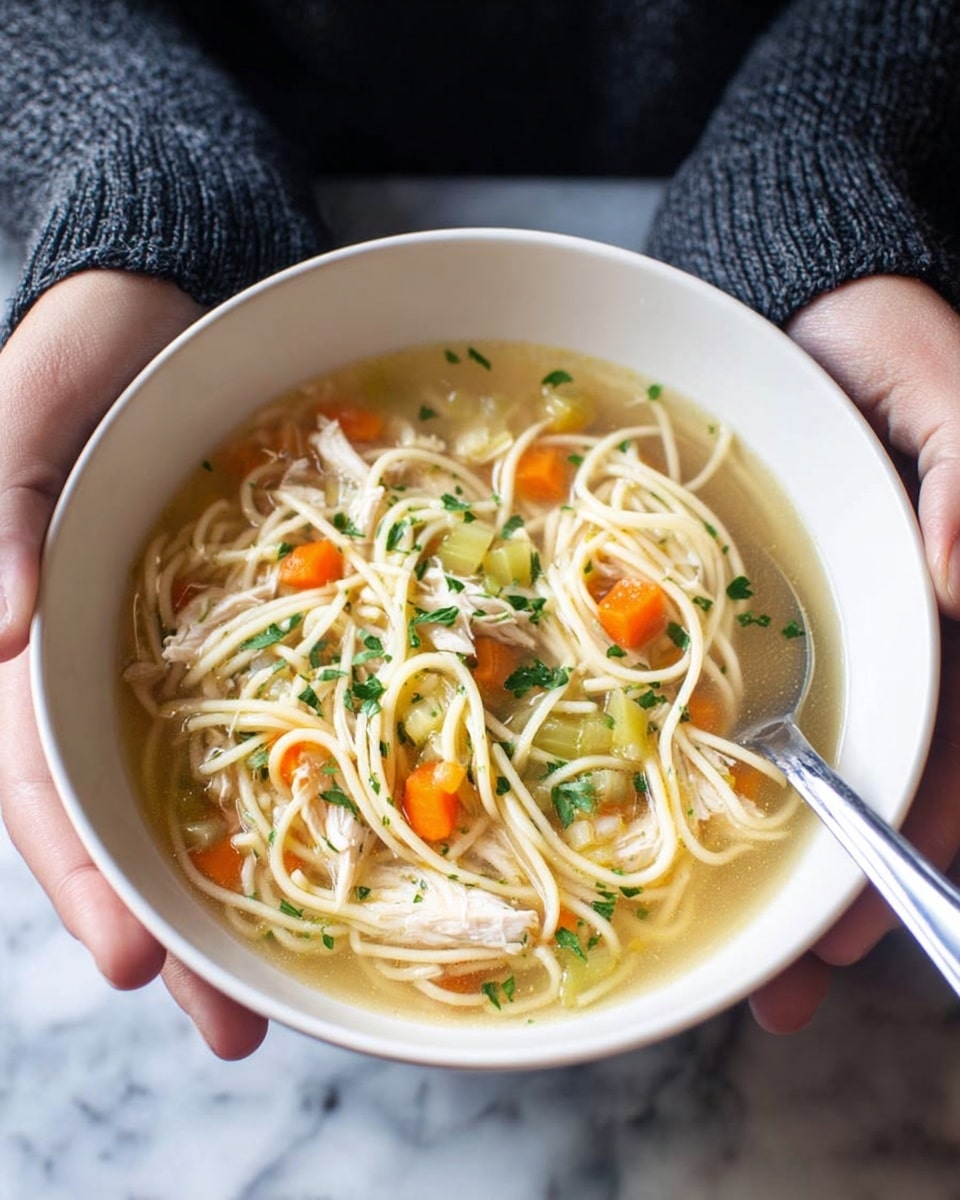A close-up of a bowl of chicken noodle soup held by woman's hands, with a silver spoon inside the bowl on the right side. The soup has a clear broth with long, thin spaghetti-like noodles forming the main layer. Scattered among the noodles are bright orange carrot slices and light green celery pieces, adding a hint of color. Small bits of shredded white chicken are mixed in through the noodles, topped with green parsley leaves. The bowl is white and the background is a smooth white marbled surface. Photo taken with an iphone --ar 4:5 --v 7