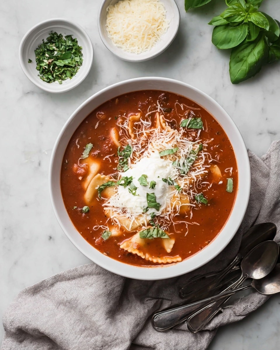 A white bowl filled with thick red tomato soup containing visible ricotta and broken lasagna noodle pieces; on top is a dollop of white ricotta cheese, scattered shredded white mozzarella, and small green basil leaves. To the left are two small white bowls, one with chopped green herbs and one with grated white cheese. Three shiny silver spoons are arranged below the bowl. The entire scene sits on a white marbled surface with a light gray cloth draped nearby, along with a fresh green basil leaf. Photo taken with an iphone --ar 4:5 --v 7
